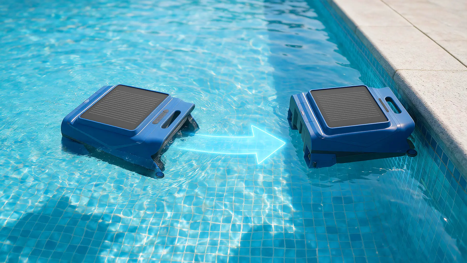 Y&G solar pool skimmer auto-parking feature moving towards pool edge