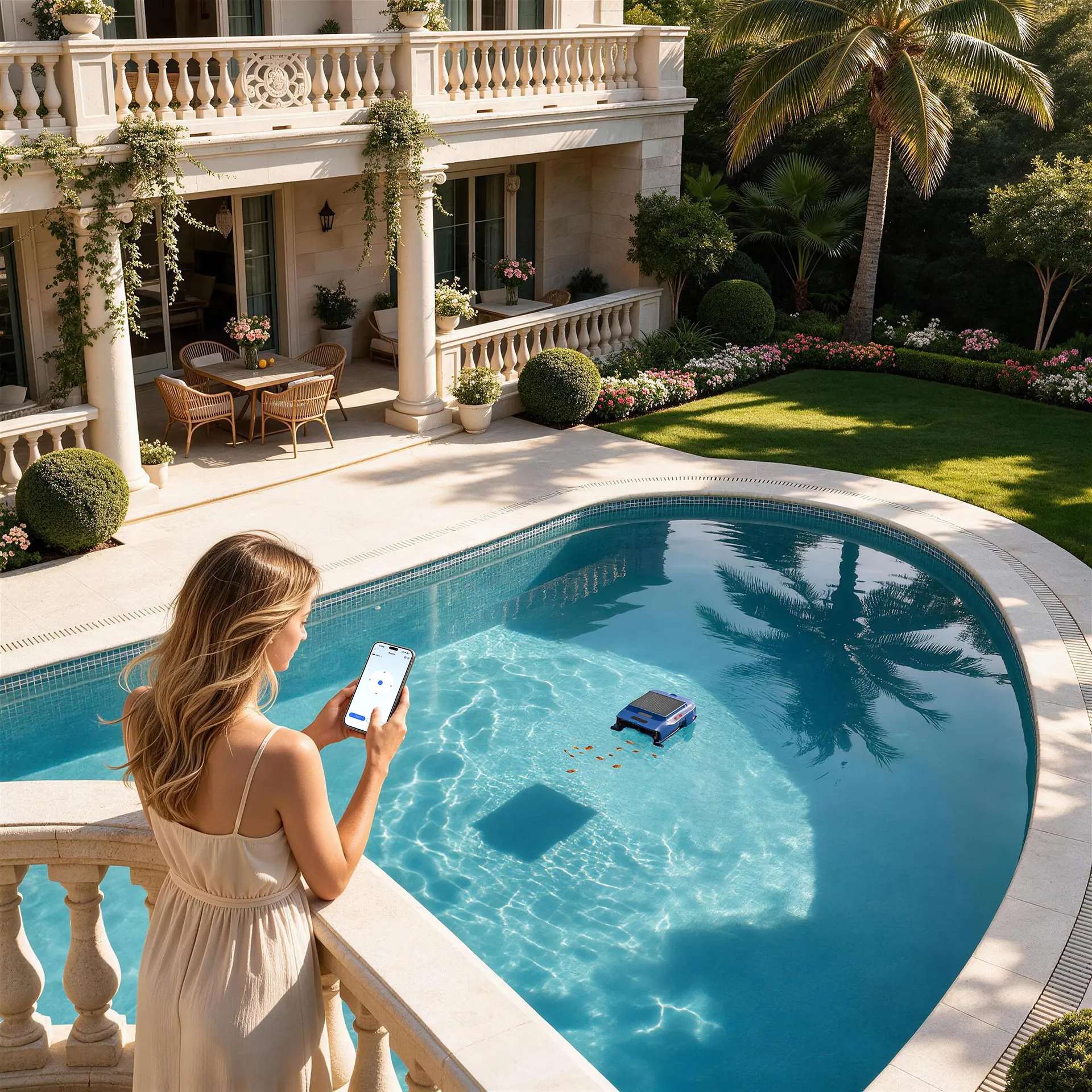 Woman using smartphone app to control Y&G solar robotic pool cleaner remotely