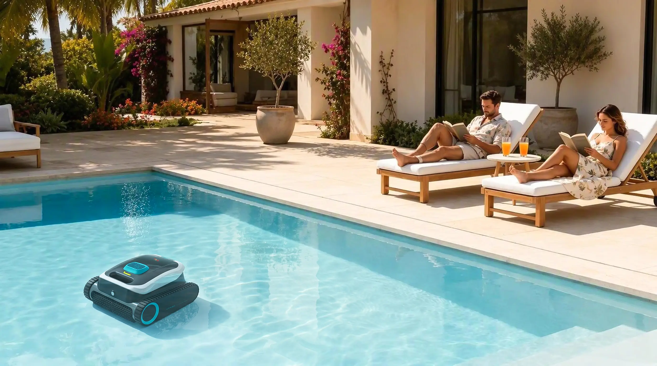 YG-PC02 cordless robotic pool cleaner cleaning underwater while owners relax
