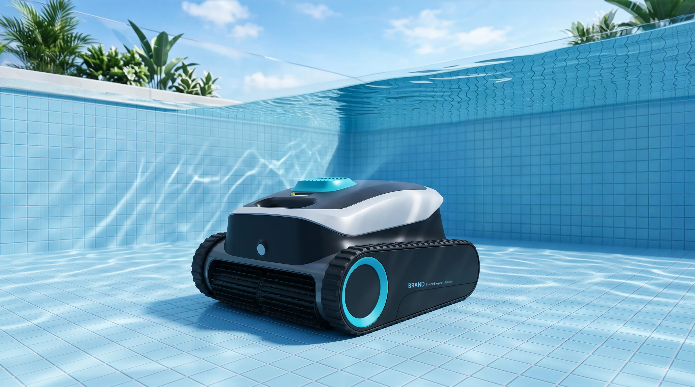 YG-PC04 premium robotic pool cleaner with caterpillar tracks cleaning underwater pool floor