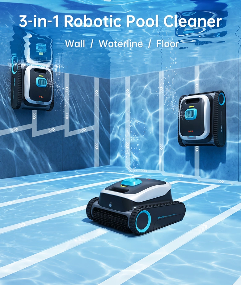 YG-PC02 3-in-1 robotic pool cleaner cleaning floor, wall and waterline