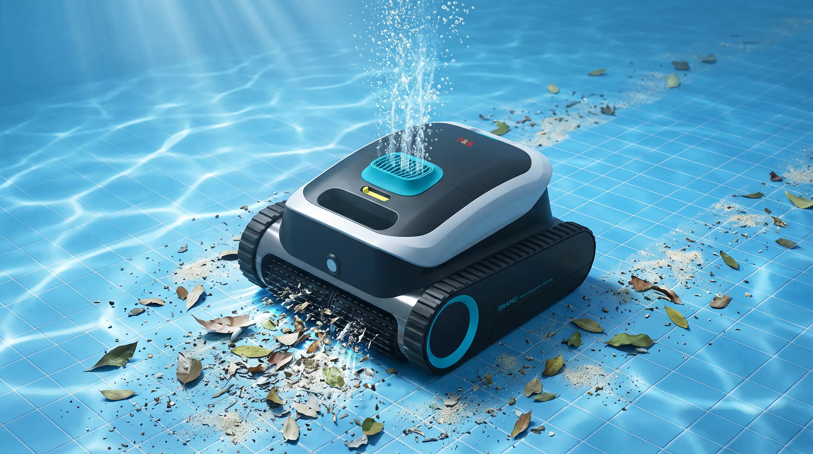YG-PC02 robotic pool cleaner with powerful suction cleaning leaves and debris underwater