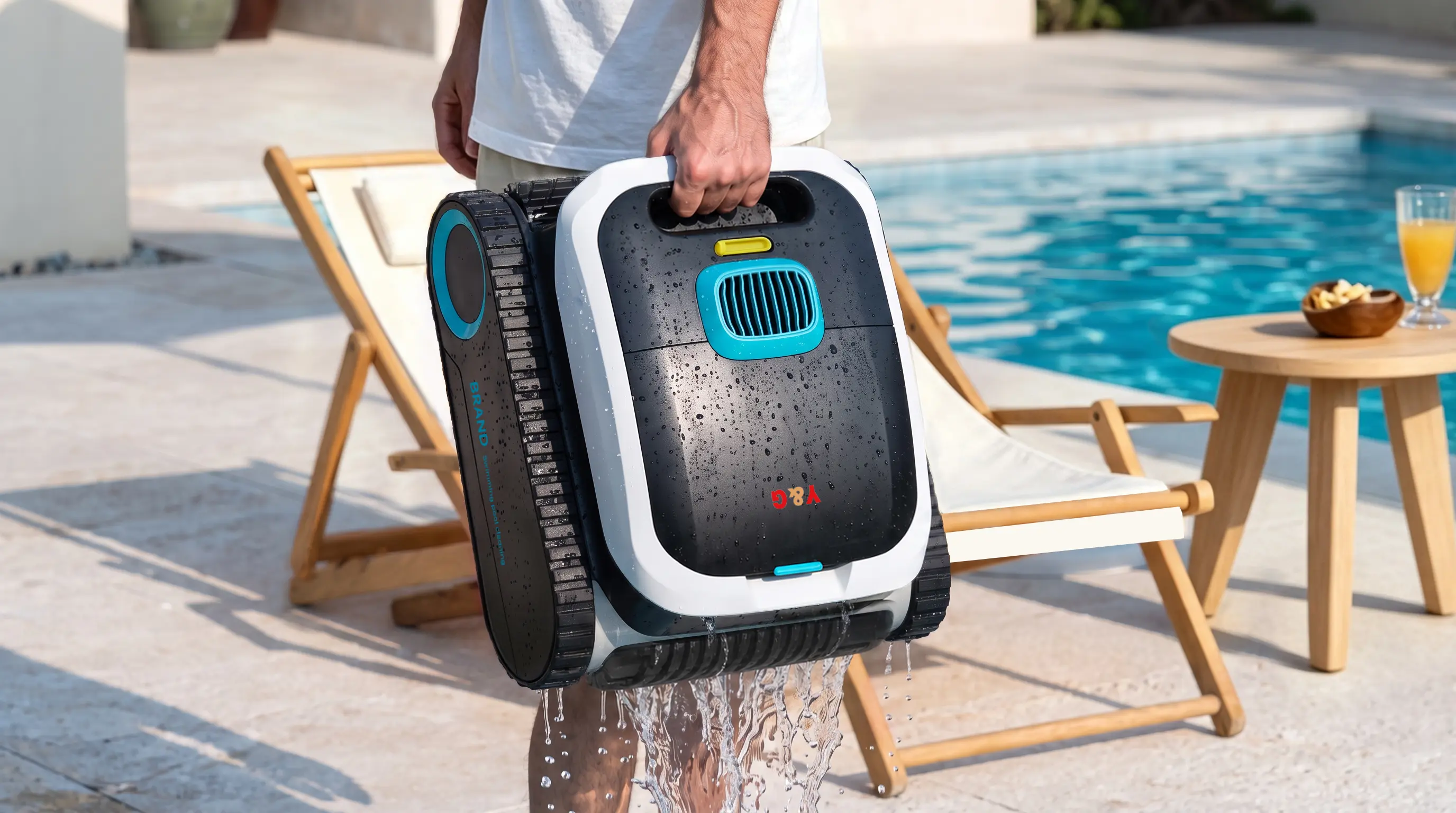 YG-PC02 lightweight robotic pool cleaner with easy-carry handle being lifted with fast water release