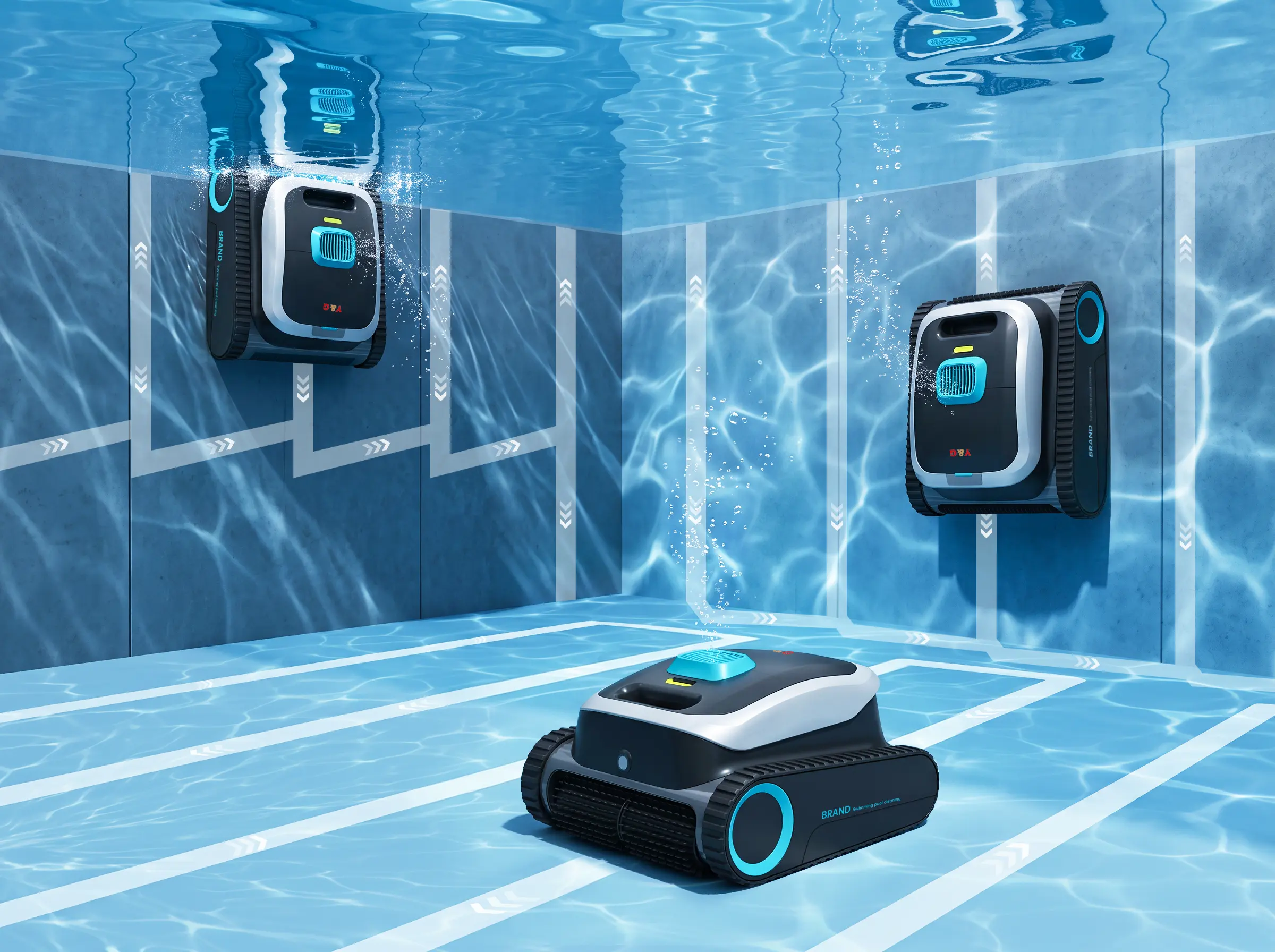 YG-PC02 robotic pool cleaner with caterpillar tracks cleaning pool wall and waterline