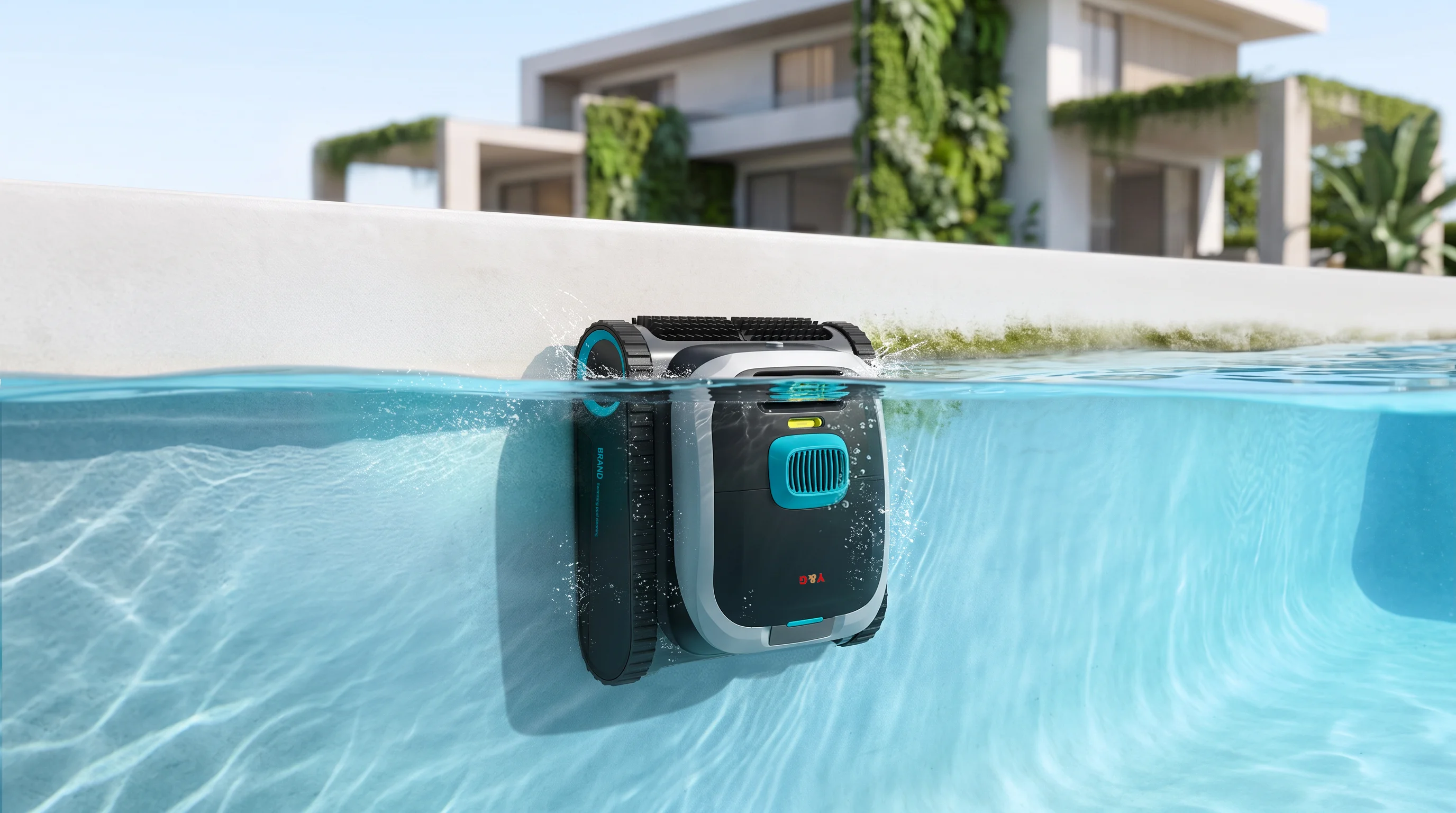 Pool cleaner robot scrubbing waterline grease and scum for full coverage cleaning