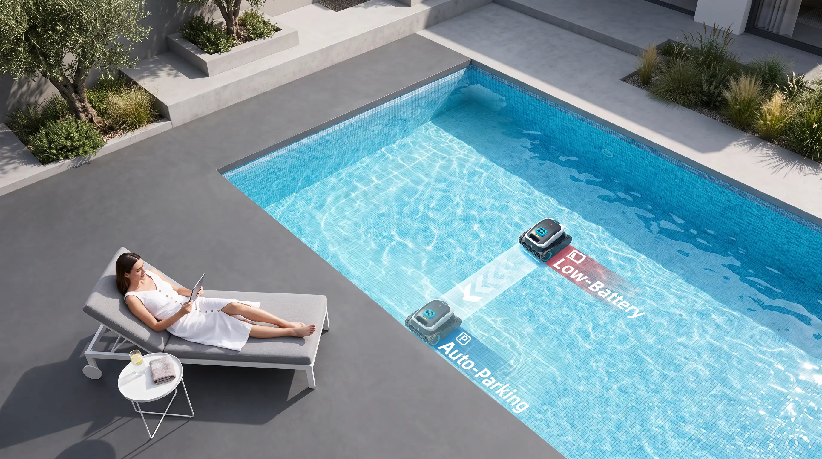 Cordless pool cleaner robot automatically driving to pool edge on low battery