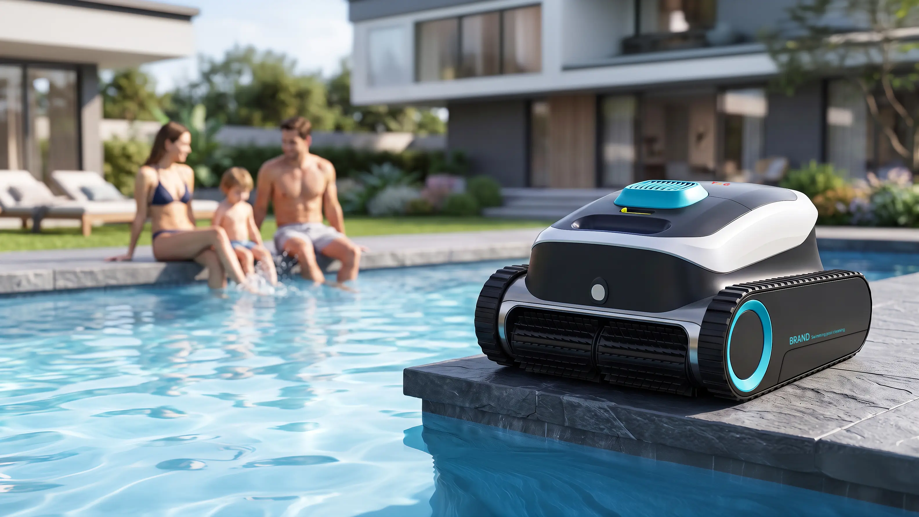 Automatic pool robot vacuum placed poolside ensuring effortless pool maintenance for families