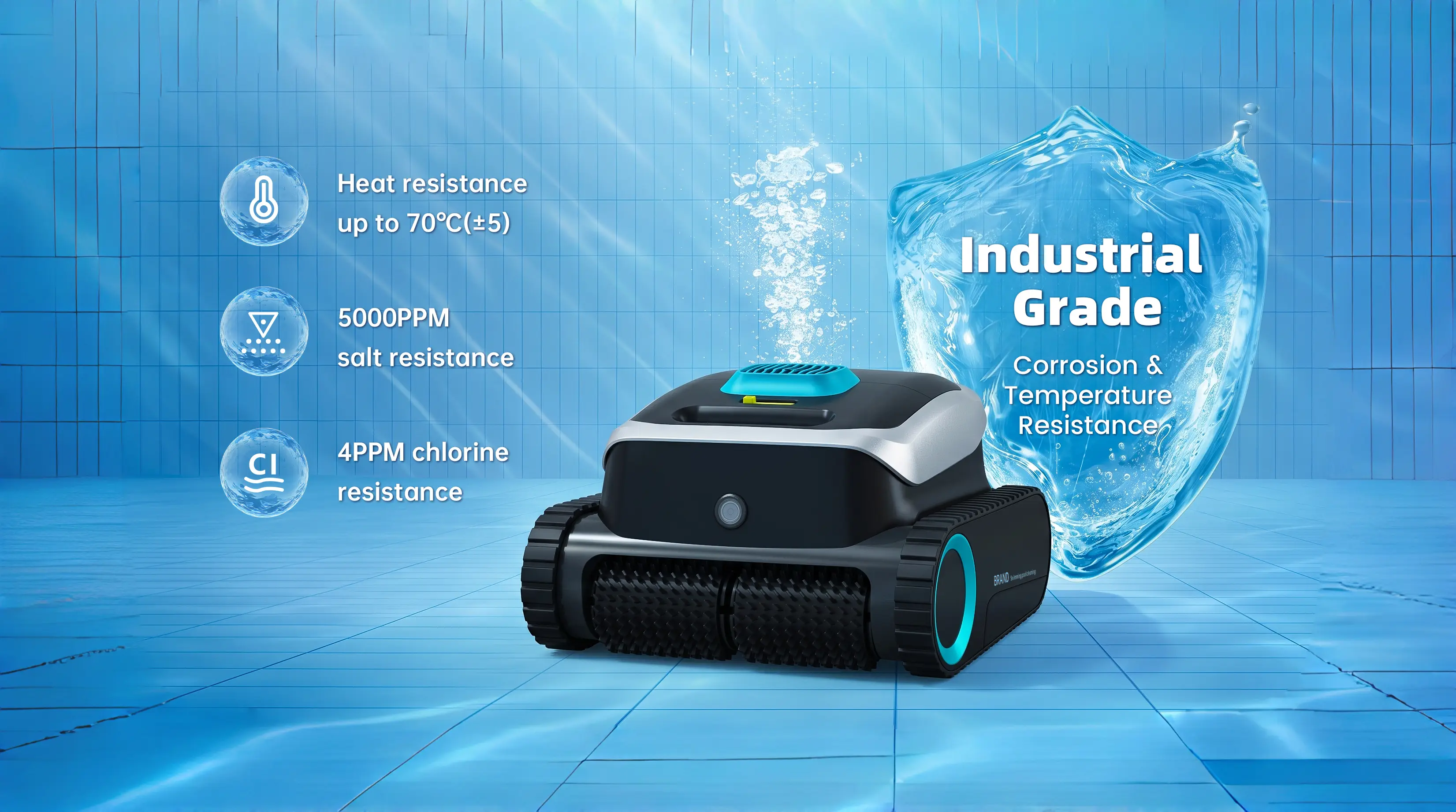 YG-PC02 industrial grade robotic pool cleaner with heat, salt, and chlorine resistance