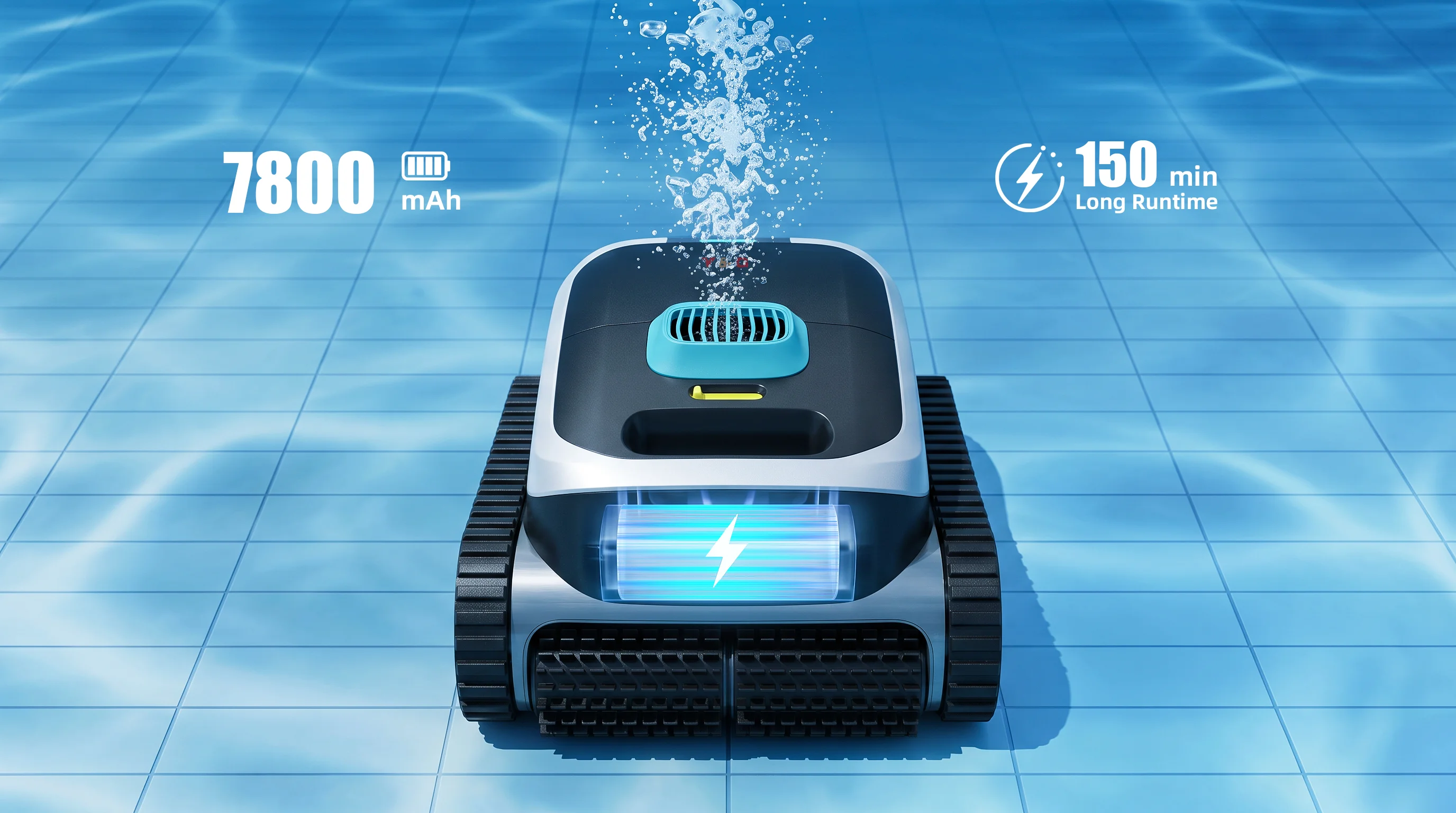 YG-PC02 robotic pool cleaner with 7800mAh battery and 150 minutes long runtime